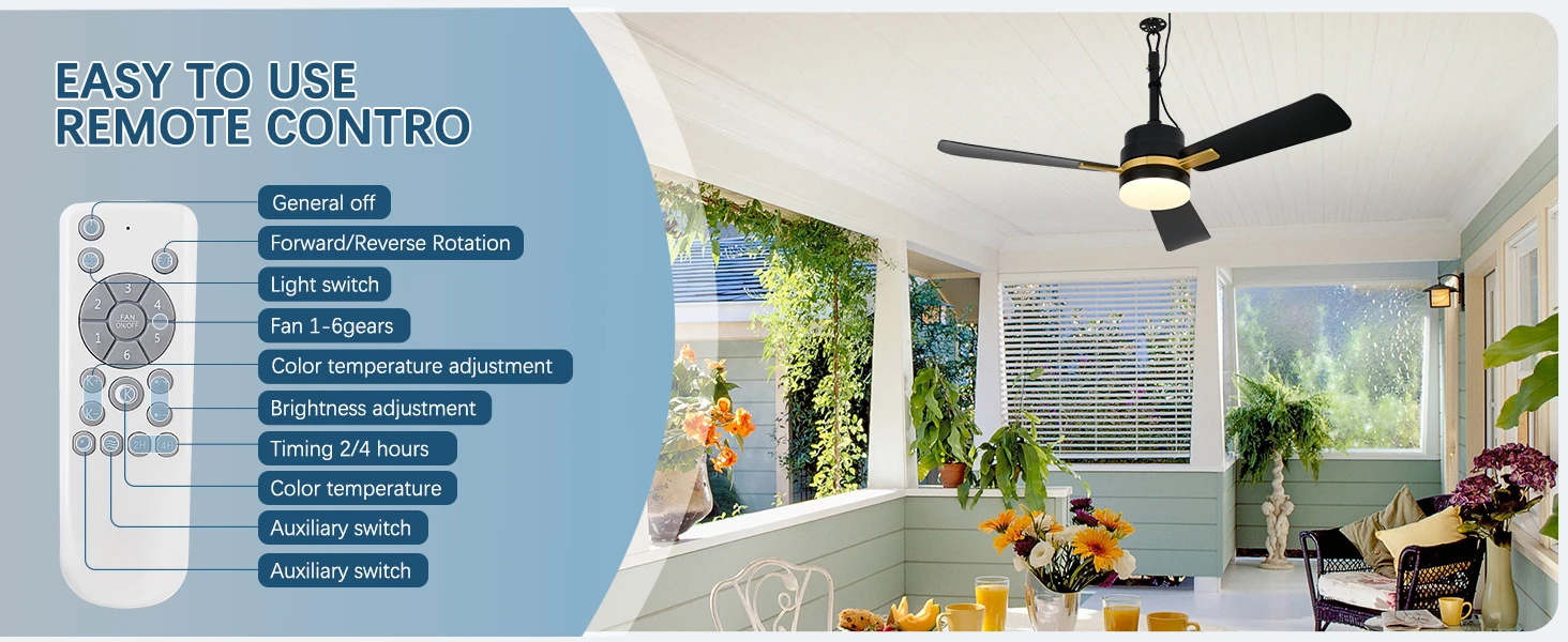 Sealing Led Ceiling Fan with Light Remote Control EU/US Standard Black/Gold Ceiling Lamp Fan 105cm Electric Fan Light Fixture