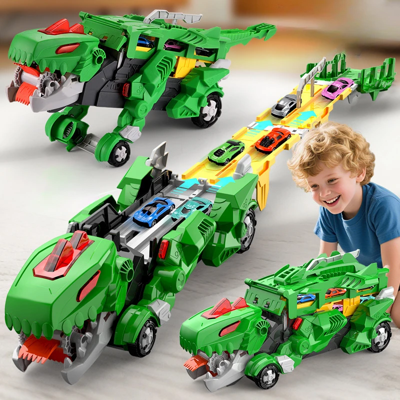 어린이용 티라노사우루스 렉스 자동차 삼키는 다기능 트랙 변형 발사 합금 자동차 공룡 장난감