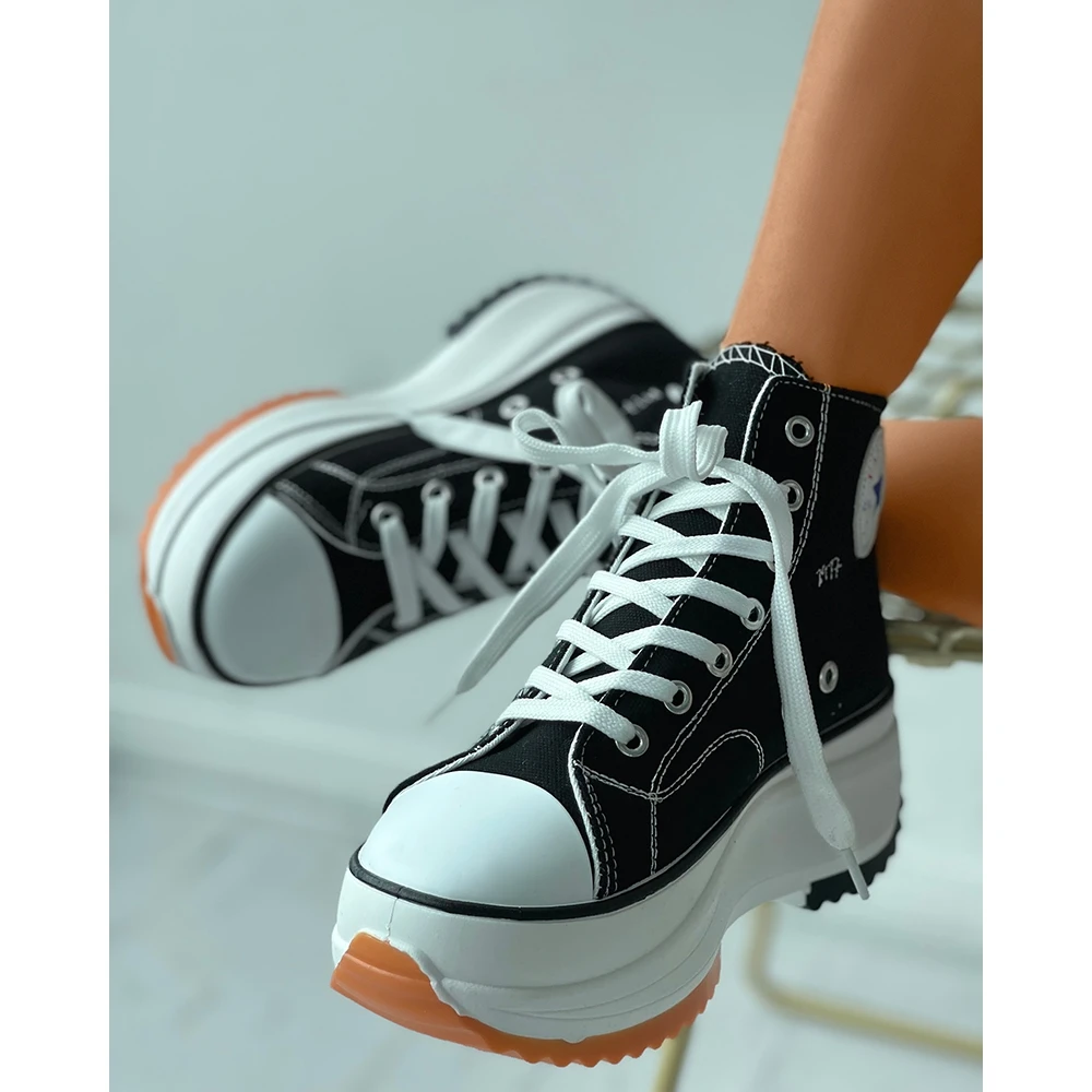 Platform High-Top Canvas Shoes for Women Sneakers Shoes Casual Korean Eyelet Lace-up Canvas Shoes y2k Sports Shoes  Chaussures