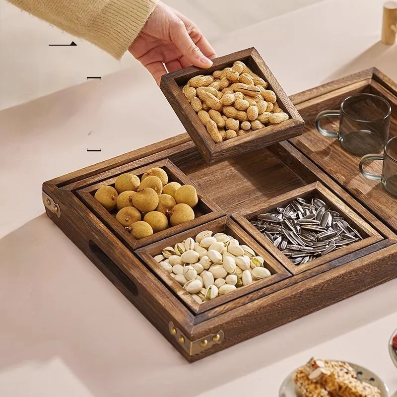 GIANXI Dry Fruit Tray Afternoon Tea Tray Snack Fruit Tray multi-lattice Tea Tray Stove Side Tea Chinese Wooden Tray 2