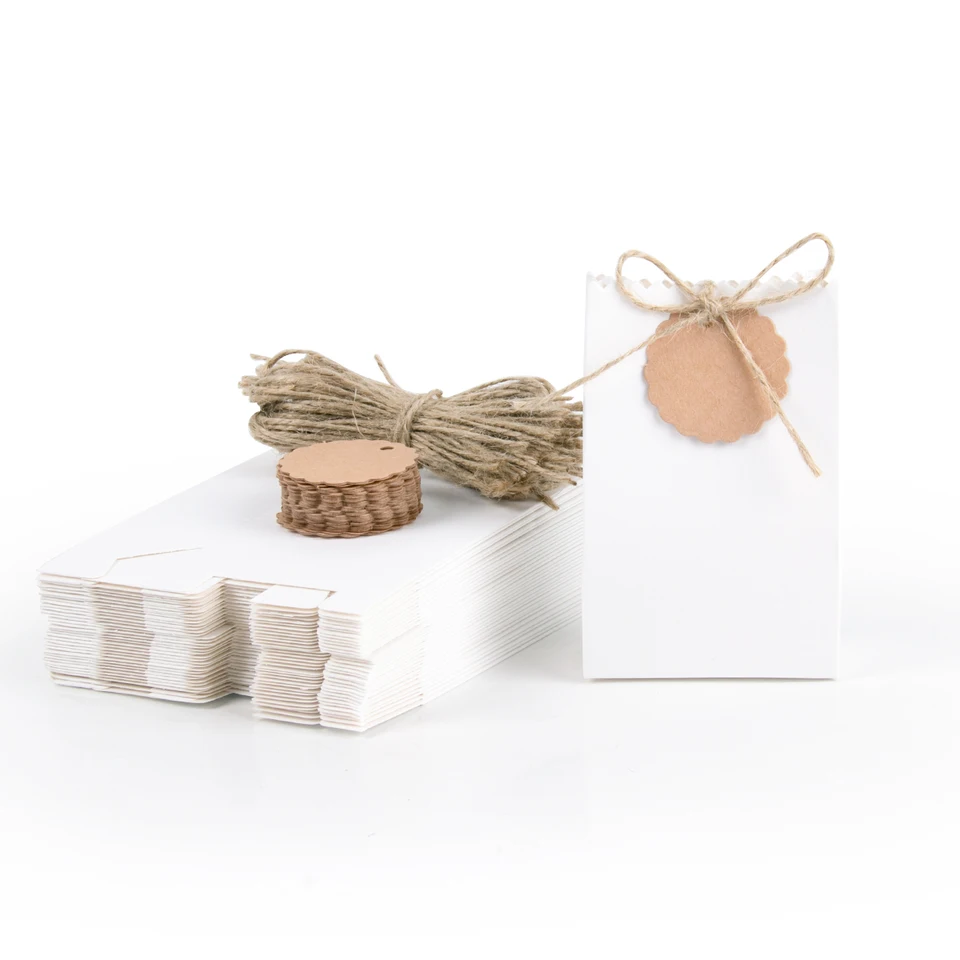 100 Pezzi Scatola Cuscini Regalo Scatole di Carta Kraft Marrone Vintage Contenitore di Caramelle con Corda Canapa per Matrimonio Compleanno Festa