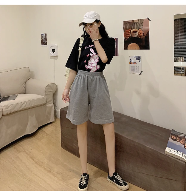 fashion casual regular loose Big size straight solid elasticity jogger shorts Korean pure cotton gray black women shorts female 6