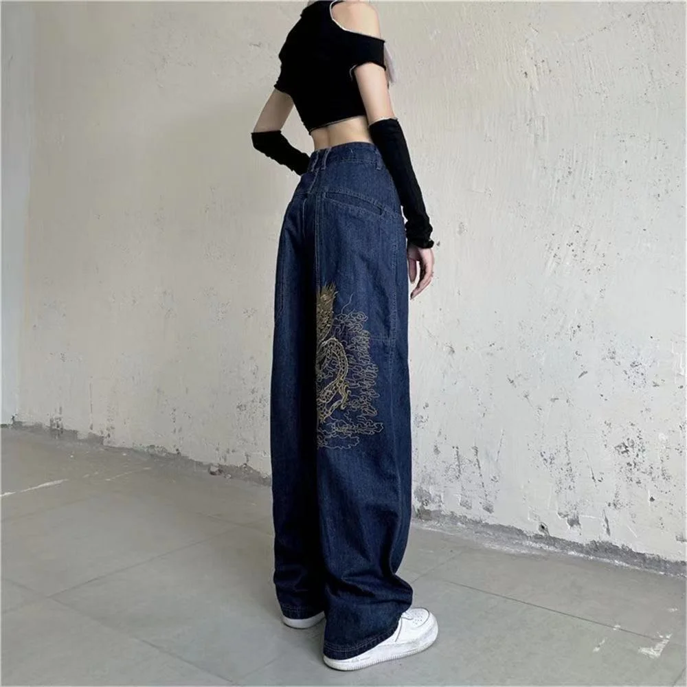 levis 501 Baggy Jeans Skater Dragon Indie Harajuku Letter Print Straight Casual Denim Pants Mens Washed Vibe Style Streetwear Jean Pants cargo pants for women