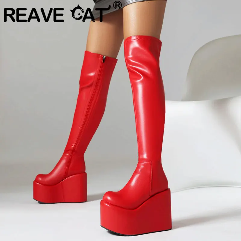 

REAVE CAT Sexy Women Thigh Boots Round Toe Wedges High Heel 11.5cm Platform Hill 7cm Zipper Plus Size 42 42 Stretch Party Booty