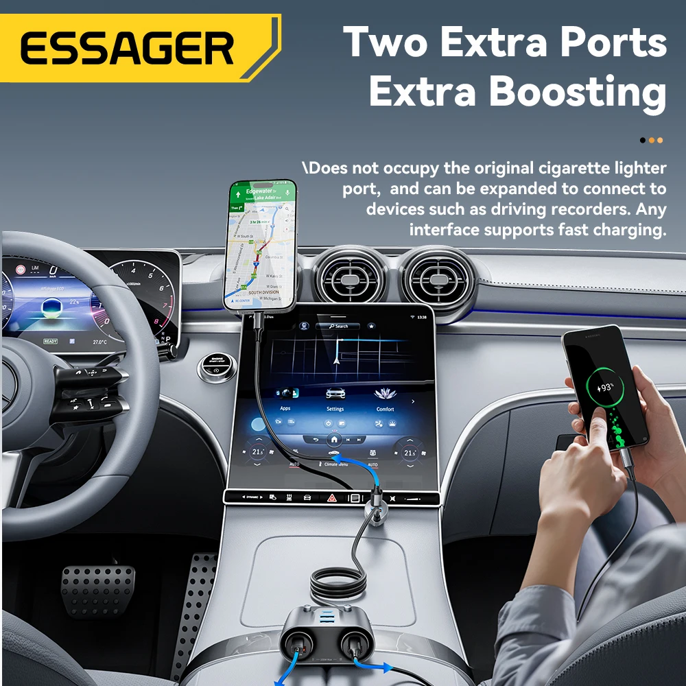 Essager 150W 5 Ports USB C Car Charger 2 in 1 100W Dual Cigarette Lighter Splitter QC 3.0 PD 3.0 Fast Charging For Mobile Phone