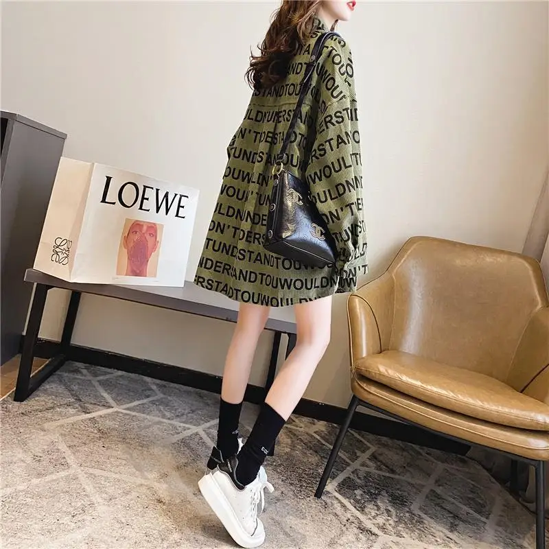 Spring New All-match Loose Corduroy Shirt Tops Long Sleeve Polo Neck Letter Printing Blouse Trend Fashion Casual Women Clothing
