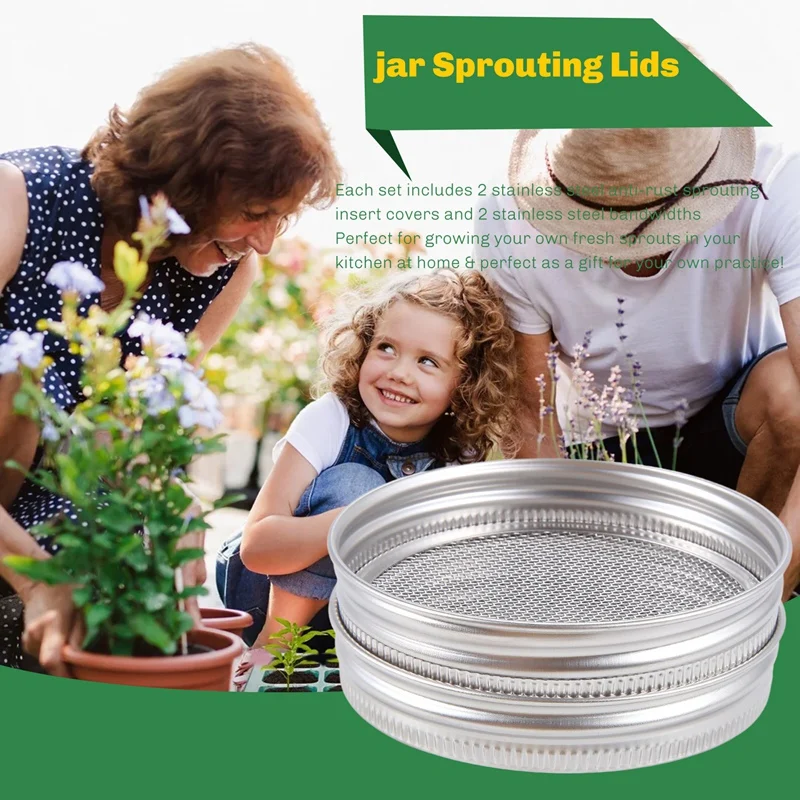 A52I-Set Of 2 Stainless Steel Sprouting Jar Lid Kit For Superb Ventilation Fit For Wide Mouth Jars Canning Jars Making Organ