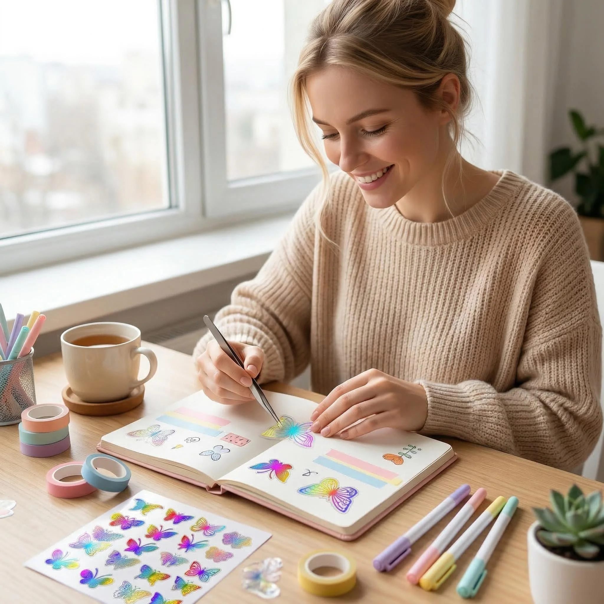 44팩 레인보우 나비 스티커 투명 PET 홀로그램 미적 디칼 플래너 노트북 스크랩북 장