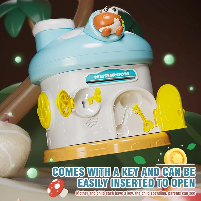 Mushroom House Money Box Piggy Bank Portable Key Lock Cash Box Students Creative Safe Savings Jar for Kids Adults Christmas Gift