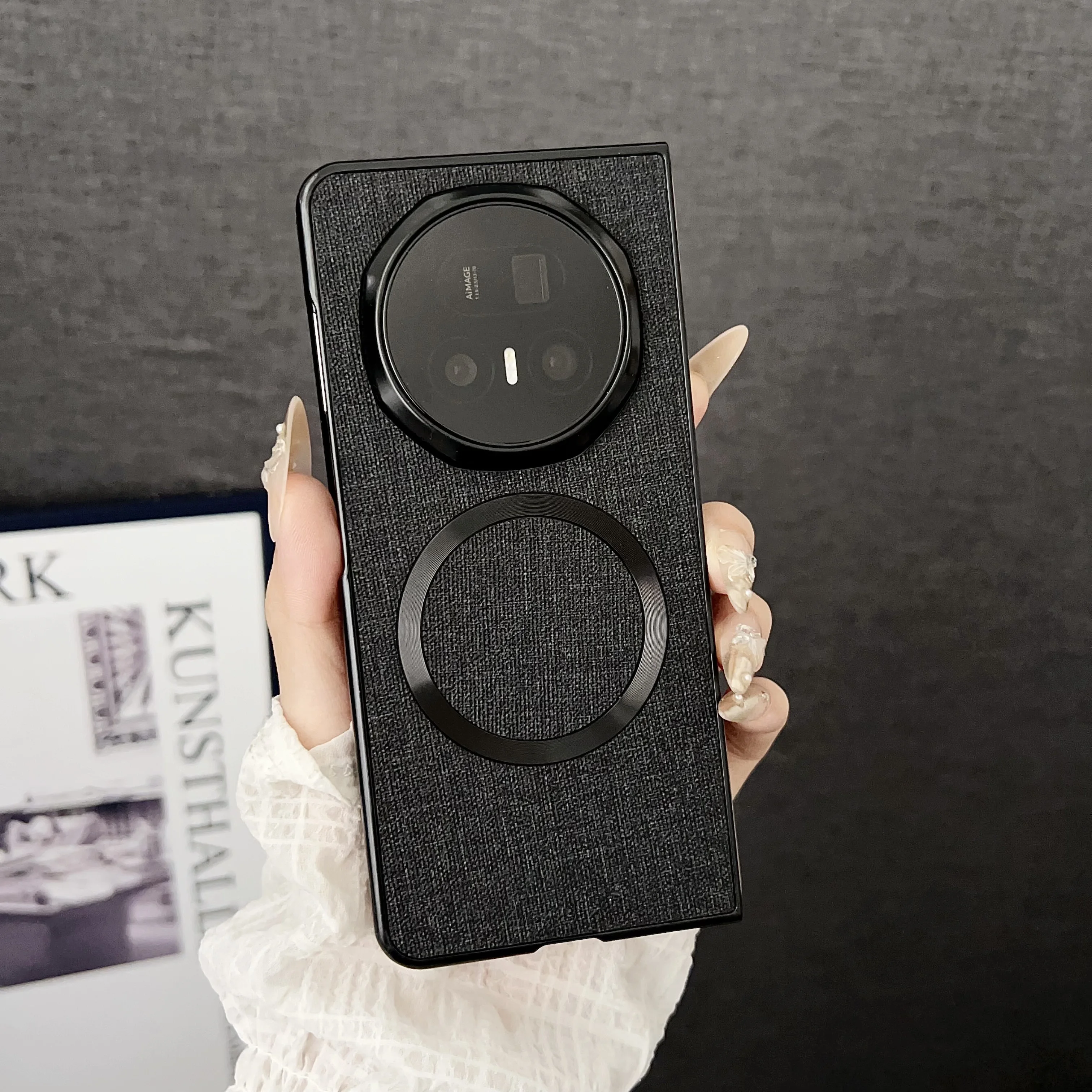 Luxury PU Cloth Magnetic Wireless Charging Protective Back Cover Case for Huawei Honor Magic V5