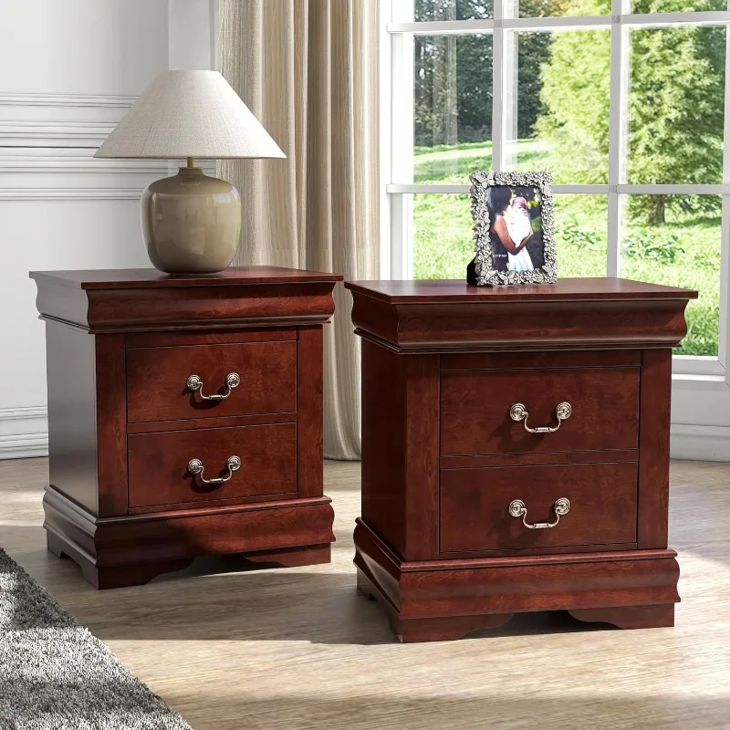 

Arabella Traditional Solid Wood Nightstands Set of 2, Bedside Table with Drawers and Antique Nickle Handles
