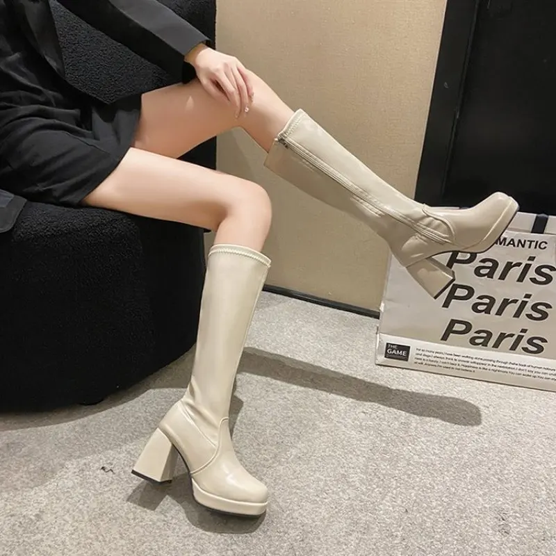 Winter High Boots Women Platform Leather 2024 Heels Elegant Knee High Boots Autumn Ladies Long Shoes Comfortable Designer New 44