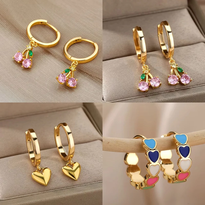 Crystal Cherry Drop Earrings Women Stainless Steel Pink