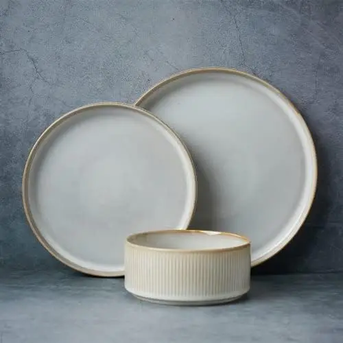

Sets, Plates and Bowls Set for 4, 12 Piece Dish Set, Cappuccino White Gold utensil Wood utensil set Plastic plates reusable Chop