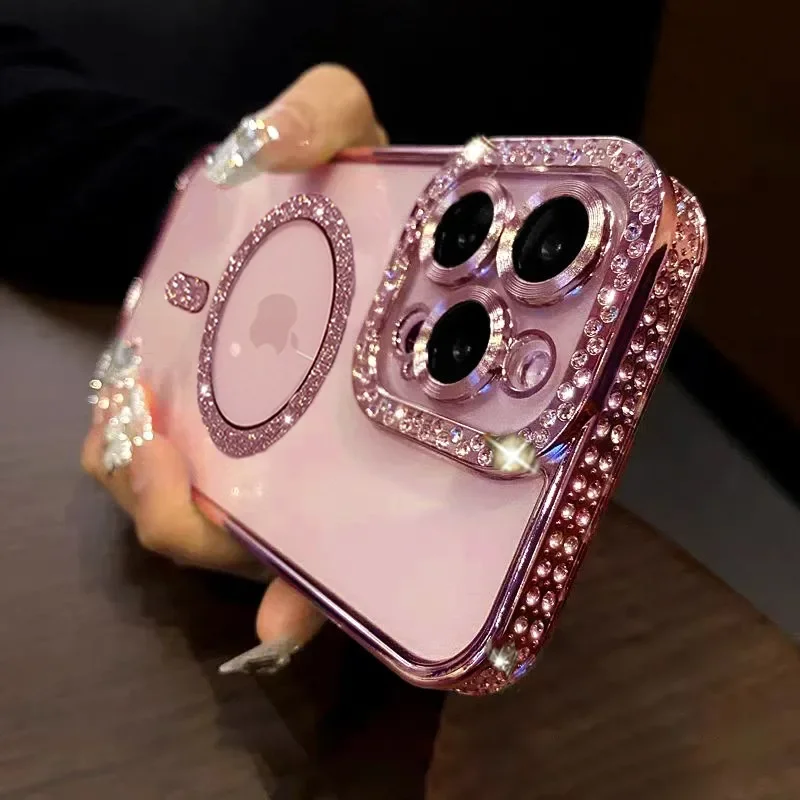 iPhone Case Magnetic Diamond Glitter Rhinestone Electroplated Jewelled Transparent For iPhone 16 15 14 13 12 11 Pro Max Plus