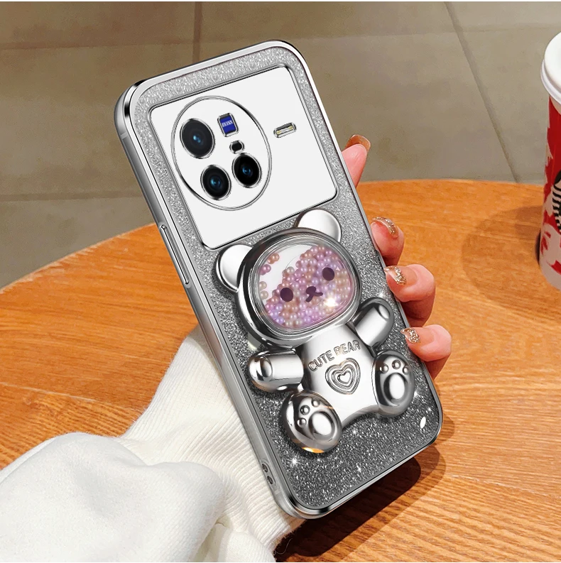 Coque de téléphone avec support à paillettes, ours mouvant, pour X 80, 60, 90, X60, X80, X21, X90, X23, X27, Vivo S7, S17, S16, S15, S12 pro_voghion.com