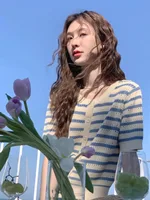 Lightweight Blue And White Striped Color Blo Knitted Open Cardigan Women's Summer Loose ort Sve Hollow out round Ne Top