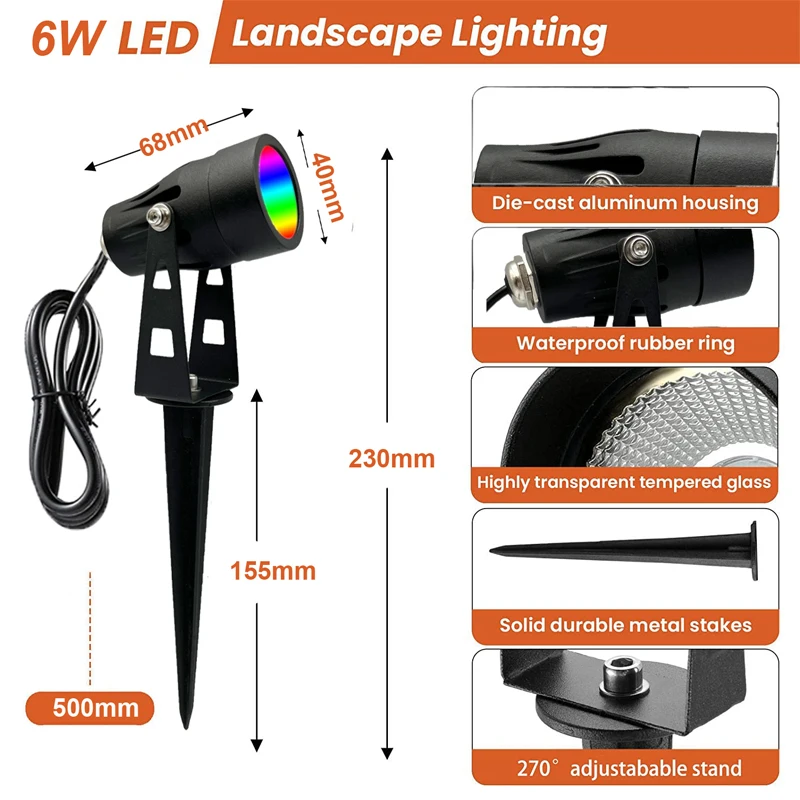 Lawn Lamp LED RGB Warm White Landscape Lighting 6W Waterproof Garden Pathway Yard Tree Outdoor Spotlight with Remote Control Garden Lighting