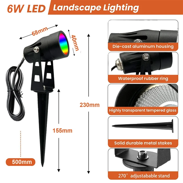 Led Gyeplámpa Rgb Meleg Fehér Tájvilágítás 6W Vízálló Kerti Útvonal Udvari Fa Kültéri Reflektorfényrel Távirányítóval - Image 2