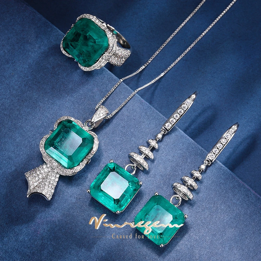 

Vinregem Vintage Synthesis Emerald Gem Gifts Anniversary Ring/Necklaces/Earrings for Women Luxury Jewelry Set 3Pcs Wholesale