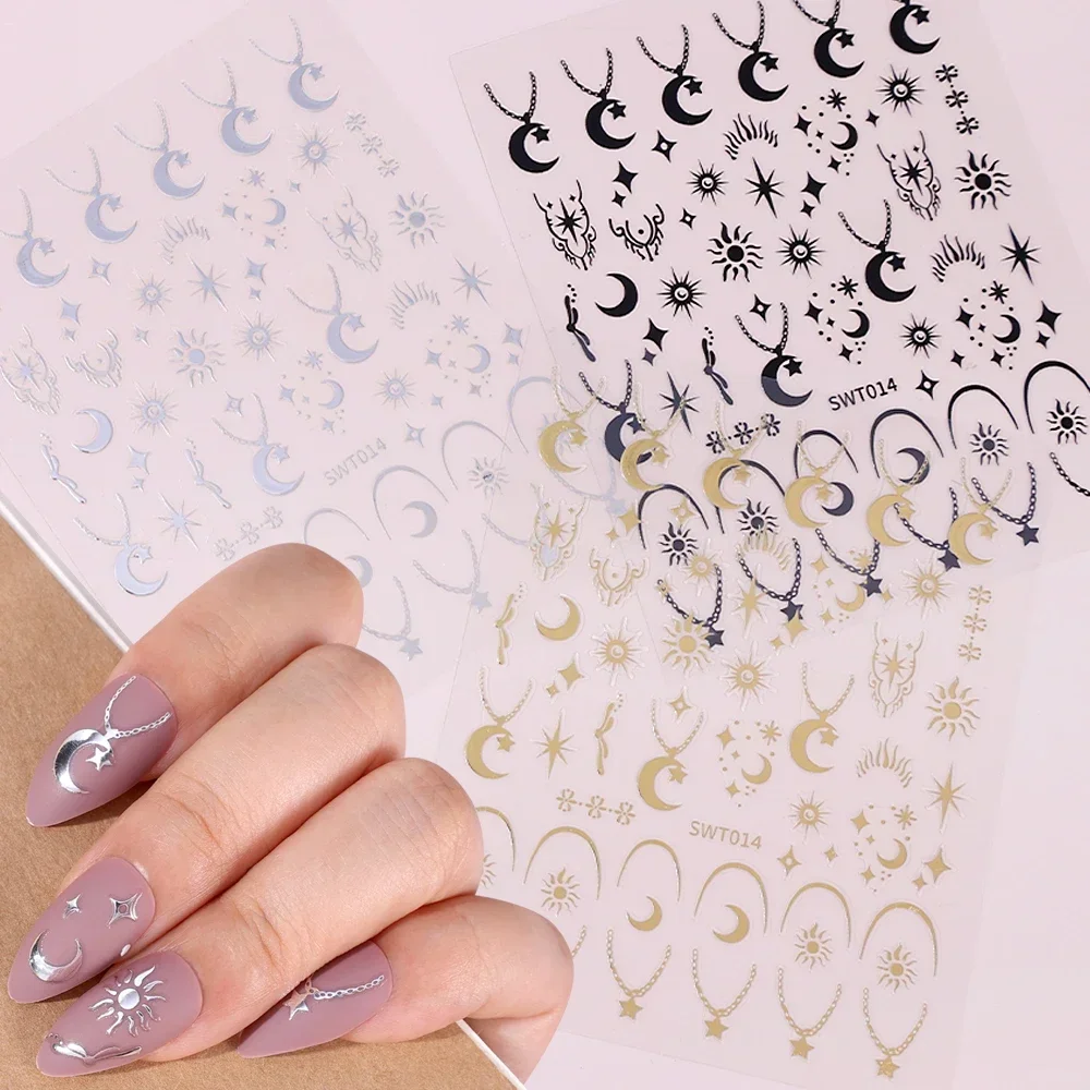 Heallor Sliver Gold Nails Stickers Mental Sun Moon Star Lock Angel Wing Decals Nail Charms 3D Adhesive Sliders Spring Decor Acce 3