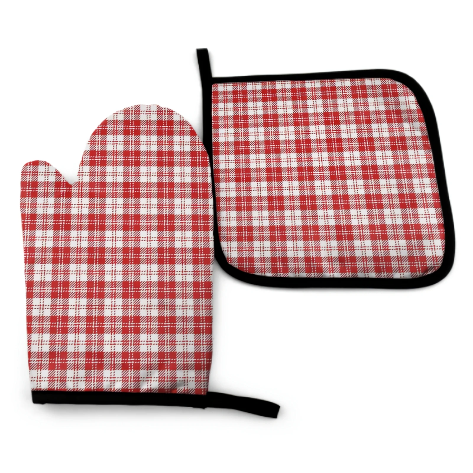 

White and Red Check Plaid Oven Mitt and Pot holder Set Heat Resistant Kitchen Gloves with Inner Cotton Layer for Cooking BBQ