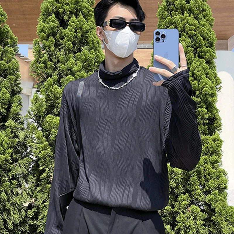 3d Pleated Texture Solid Black White Autumn Winter Turtleneck Soft Casual Long Sleeve Men Harajuku Fashion Oversized Base Tops