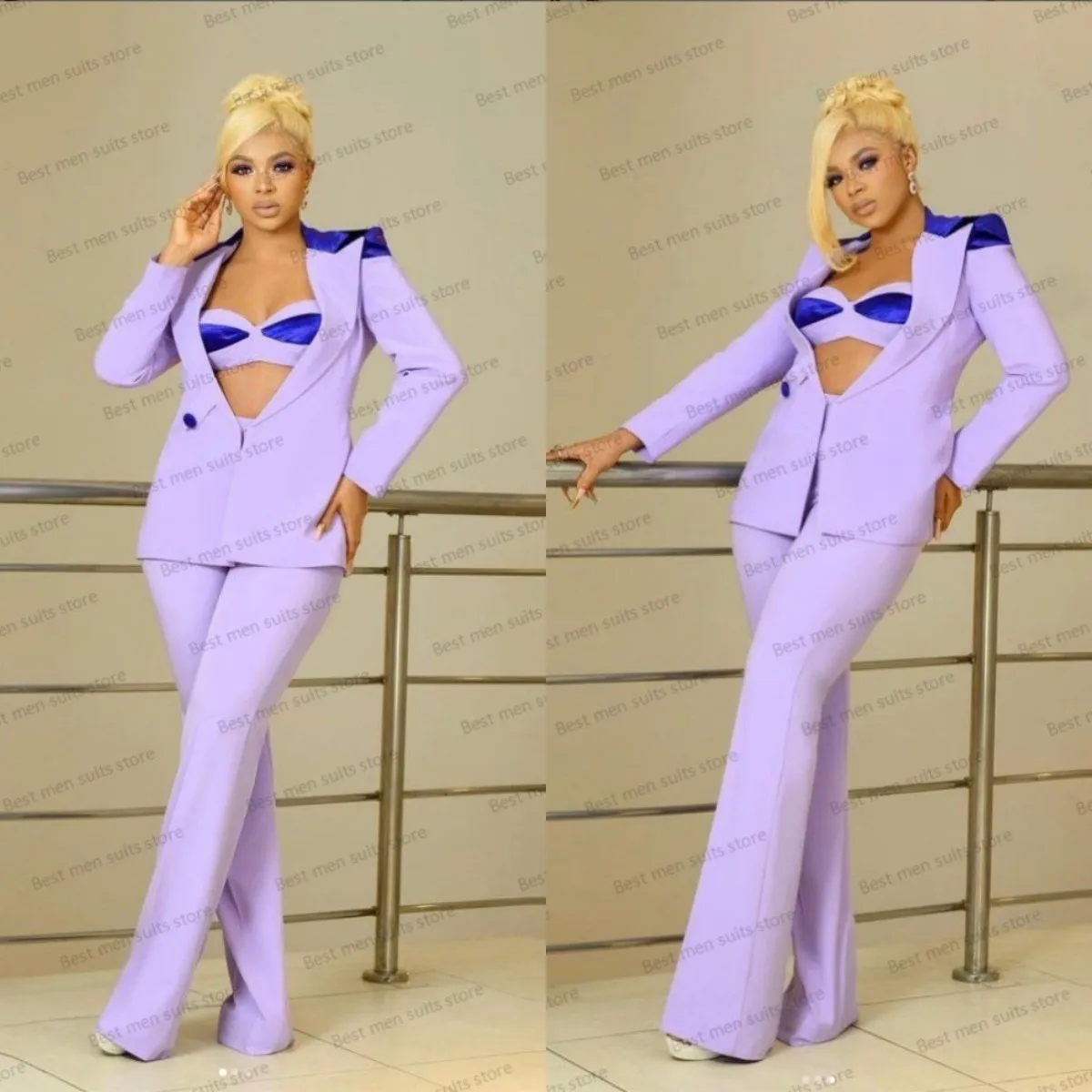 

Women Pants Suit Set 3 Piece Blazer+Top Bra+Trousers Purple And Blue Wedding Tuxedo Prom Dress Formal Office Lady Custom Made