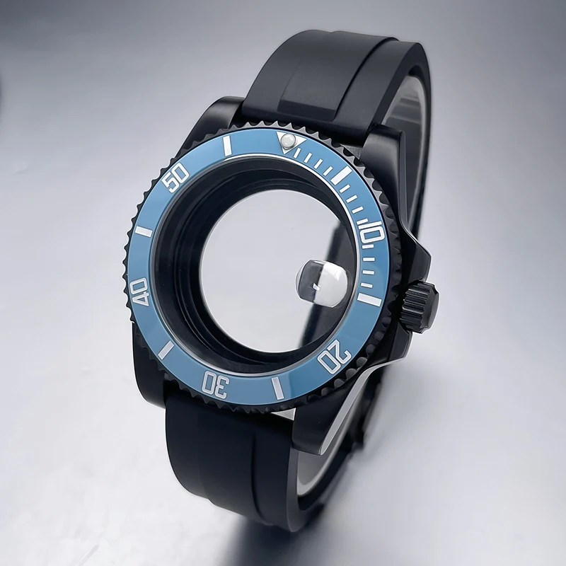 All-Black Sub Style Watch Case with Rubber Strap and Sapphire Crystal