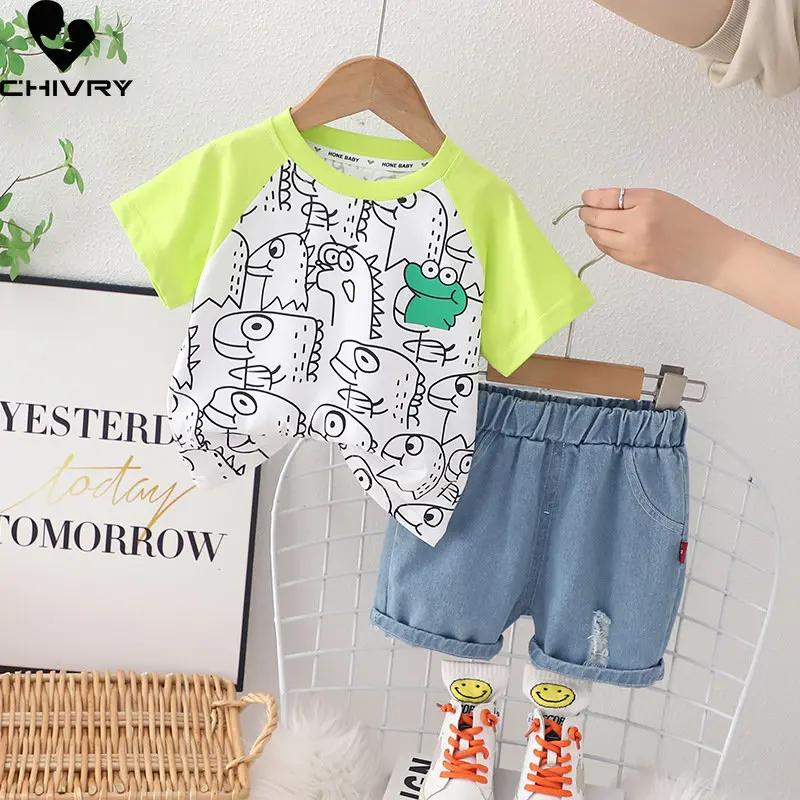 

New 2023 Baby Boy Summer Short Sleeve Round Neck Cute Cartoon Bear Print T-shirt Tops with Denim Shorts Boys Casual Clothes Sets