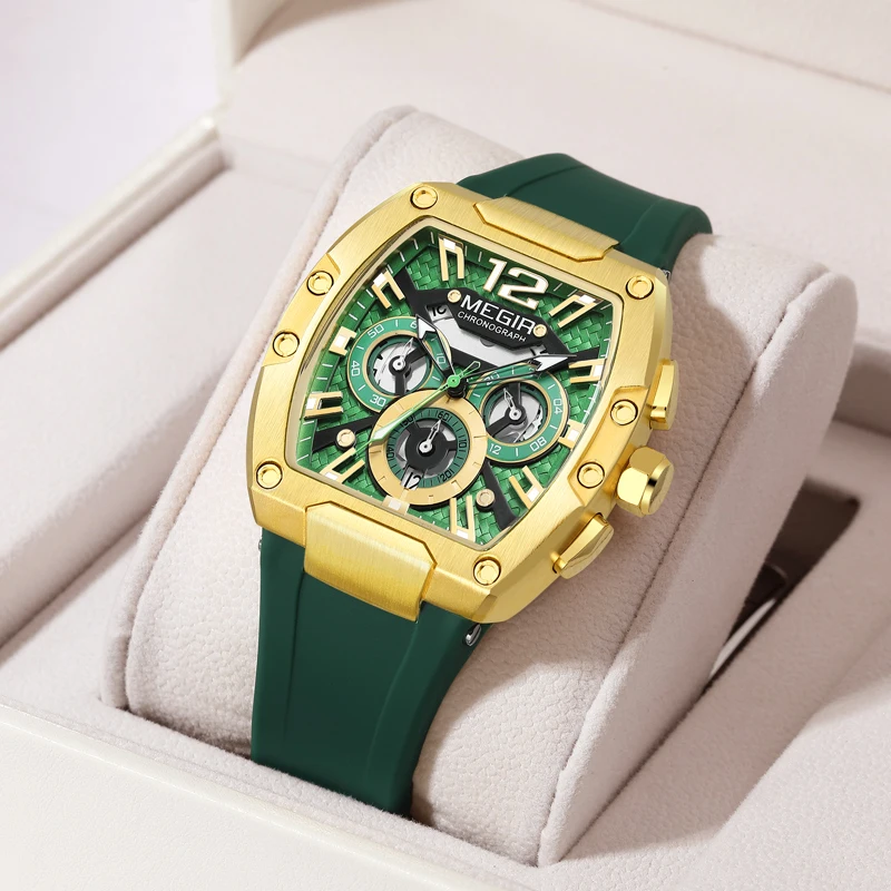 

MEGIR Fashion Multifunctional Three Eyes Dial Green Silicone Strap Luxury Gold Quartz Men Watch Waterproof 2023 New Reloj Hombre