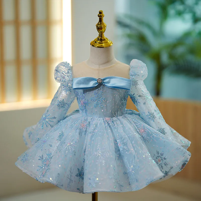 Gorgeous Princess Ball Gown Dress Kids Bow Perspective Sexy Flowers Girls Dresses For Weddings Sequin birthday Party Dress