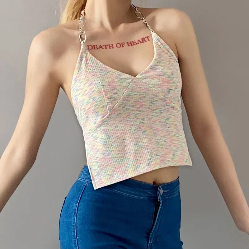 

Sexy Summer Y2K Aesthetics Multicolor Stripe Crop Top Backless Chain Halter Tops Fashion V-neck Streetwear Camis Tank Tops 2024