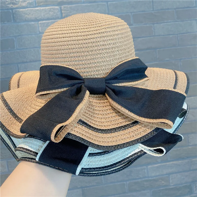 Breite Krempe Floppy Beach Bowknot Panama Lady Casual Sonnenhüte für Frauen Strohhut_voghion.com