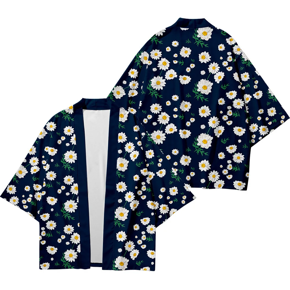 

Men and women Japanese kimono traditional art small daisy printed casual loose thin coat Asian kimono cardigan 6