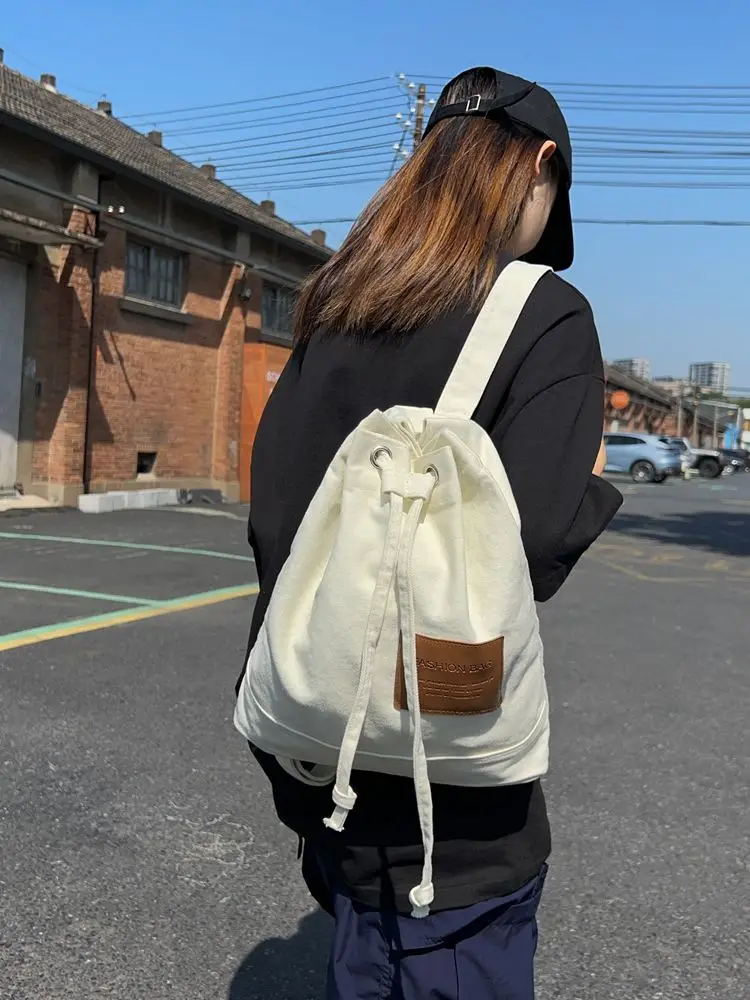Fashionable Japanese Literary And Artistic Canvas Women's Bag Casual Simple And Versatile Large Capacity Bucket Shaped Backpack