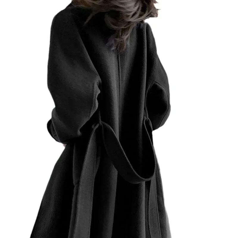 Fashion Long Wool Coat Women Elegant Faux Wool Casual Belt Long Jacket Winter Office Lady Double Breasted Simple Outwear