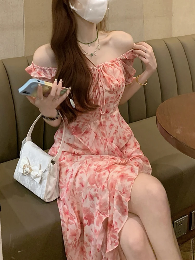 

Floral Korea Sweet Elegant Long Dress Women Fashion Puff Short Sleeve Dress Travel Beach Kawaii Fairy Dress 2023 Summer