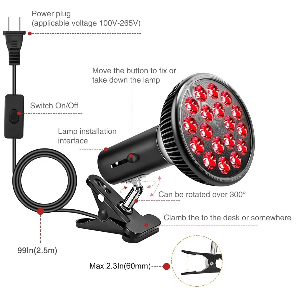 Red Light Therapy Lamp with Holder 360&deg; Adjustable Clamp 660nm&850nm Infrared Combo Bulb for Skin Care Pain Relief and Recovery infrared therapy lamp