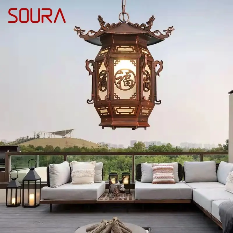 SOURA Chinese Lantern Pendant Lamps Outdoor Waterproof LED Brown Retro Chandelier for Home Hotel Corridor Decor Electricity