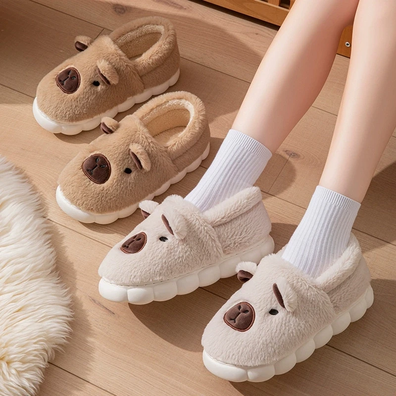 Lovely Capybara Winter Slippers for Women Cartoon Cozy Faux Fur Cotton Living Room Shoes Thick Sole Slip On Cotton Shoes Woman