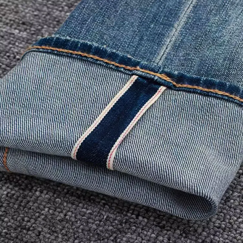High Quality Fashion Designer Men Jeans Retro Blue Stretch Slim Fit Vintage Jeans Men Embroidery Selvedge Red Line Denim Pants