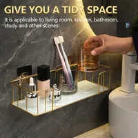 Luxury Bathroom Shelf without drilling Iron Wall Shelf with Marble style Glass Plate Makeup Storage Rack Bathroom Accessories 2