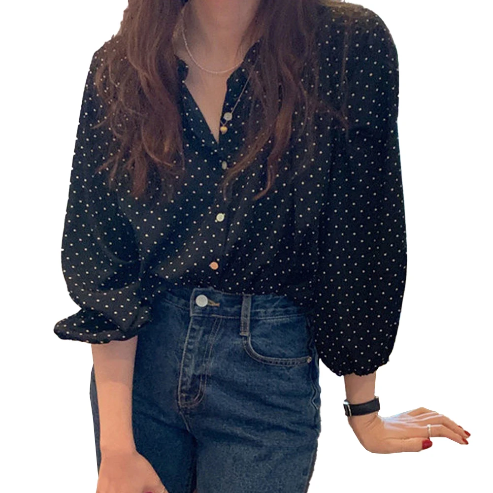 

Top Womens Shirts Temperament Wave Dot White All Seasons Black Casual Chiffon Daily Long Sleeve Microelasticity