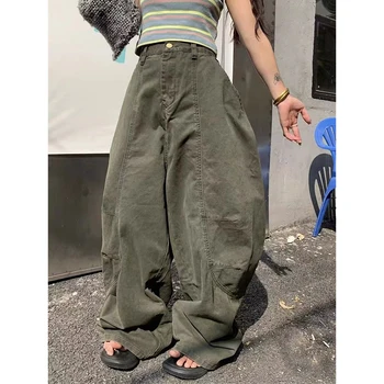YIBASHU Y2K Vintage Wash Women Cargo Jeans Harajuku Scimitar Wide Leg American Retro Denim Pants Baggy Trousers Gyaru Streetwear 1