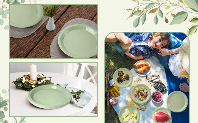 Lot De 50 Assiettes Jetables Vert Sauge 'Happy Birthday' - 17,8 Cm, Biodégradables, Pour Fêtes Et Desserts