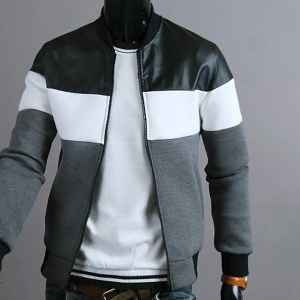 

Casual Men Coat Grey/Dark Grey Men Three-color Contrast Splicing Jacket Splicing Handsome Men Jacket for Daily Life