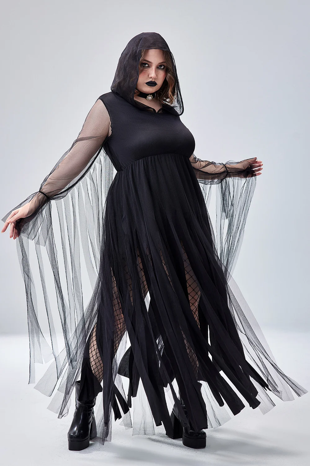 

Women's Gothic Punk Mesh Dress Pleated V-Neck Split Hem Long Sleeve Spring Fashion Halloween Party Vintage Tassel Dresses 2024