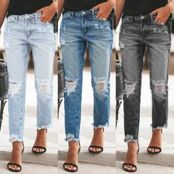Mulheres outono meados de cintura corte jeans feminino rasgado branqueado calças senhoras novo estilo rua afligido azul denim calças