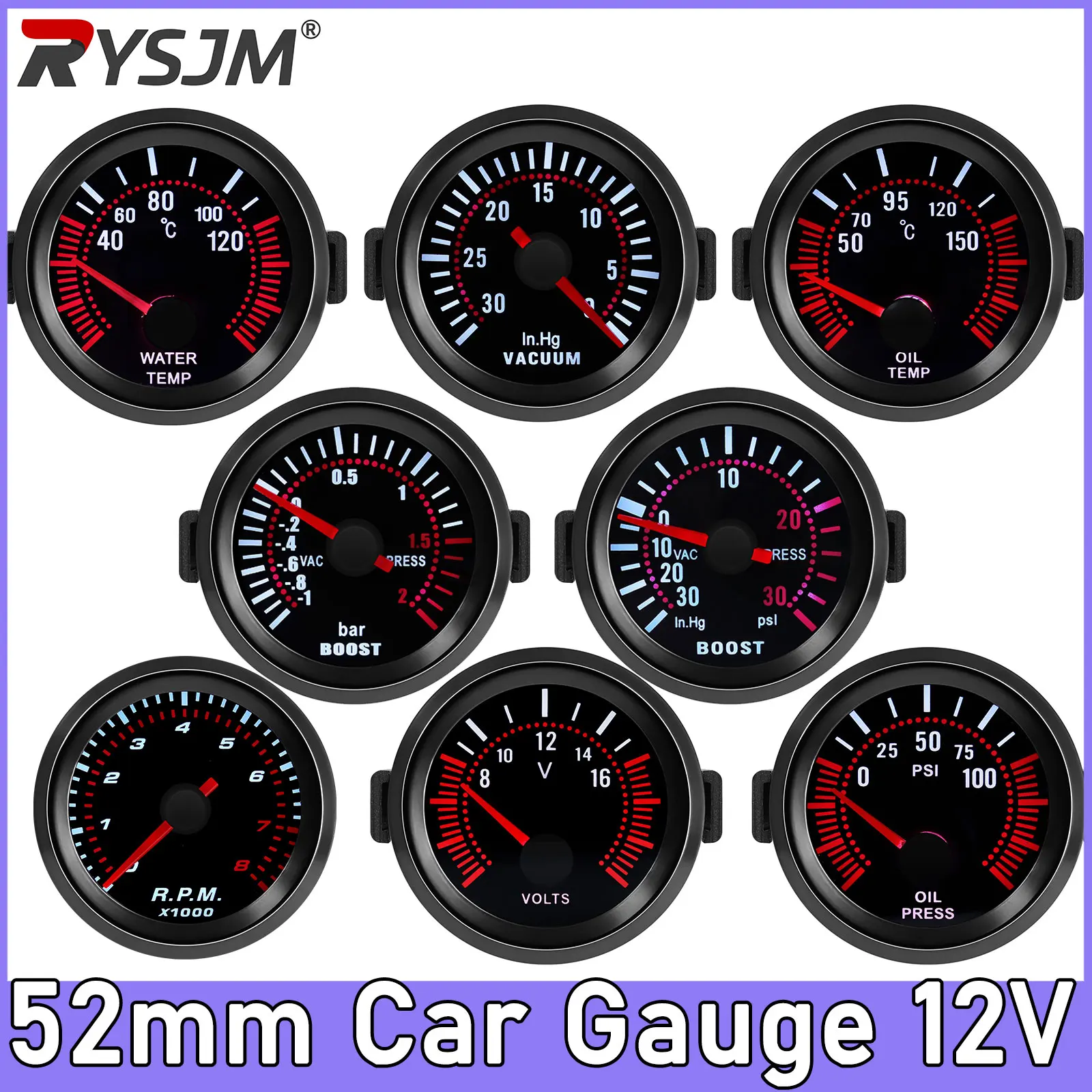 2" Turbo Boost Gauge 52mm Smoke Lens with Sensor Boost Gauge Bar Psi/Vacuum/Water Temp/Oil Pressure/Voltmeter/Tachometer RPM 1